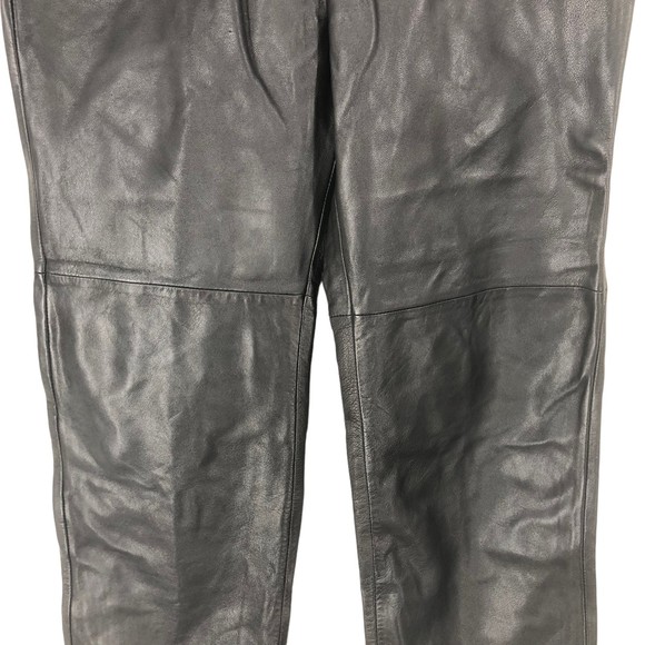 Vintage Jacqueline Ferrar Black Leather Pants SZ 10 High Rise Unhemmed Straight - Picture 6 of 8